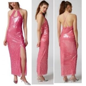 Urban Outfitters Harley Sequin Halter Maxi Dress Pink